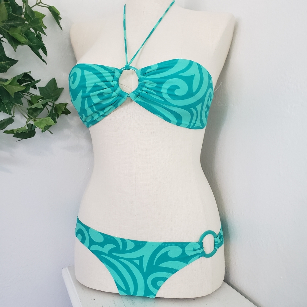 Bamboo Island 2p Bikini Green Mint Blue Halter Coastal Resortwear Beach Small